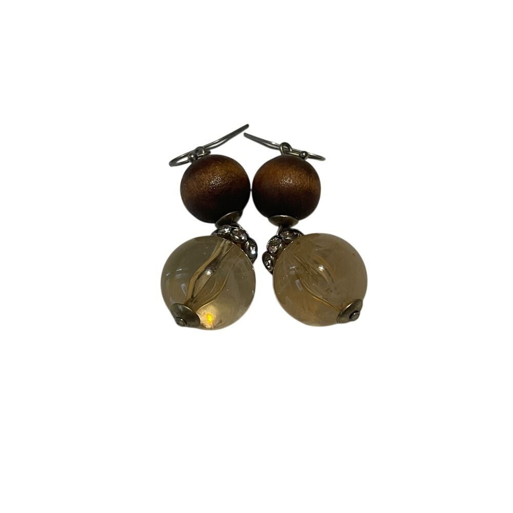 Boho Chic Wood & Amber Color Bead‎ Dangle Earrings Statement Jewelry